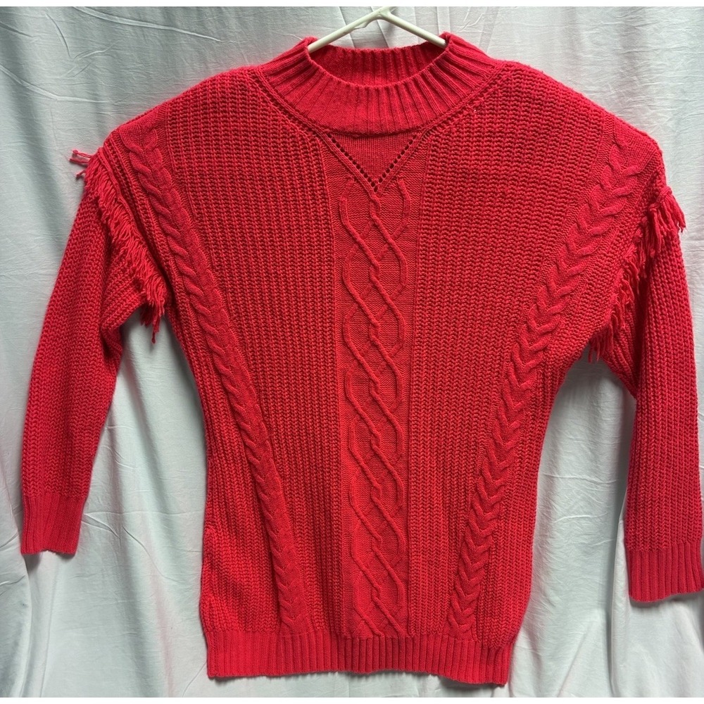 American Rag Cie Womens L Neon Pink Cable Knit Fringe Sweater Mock Neck Sz. L